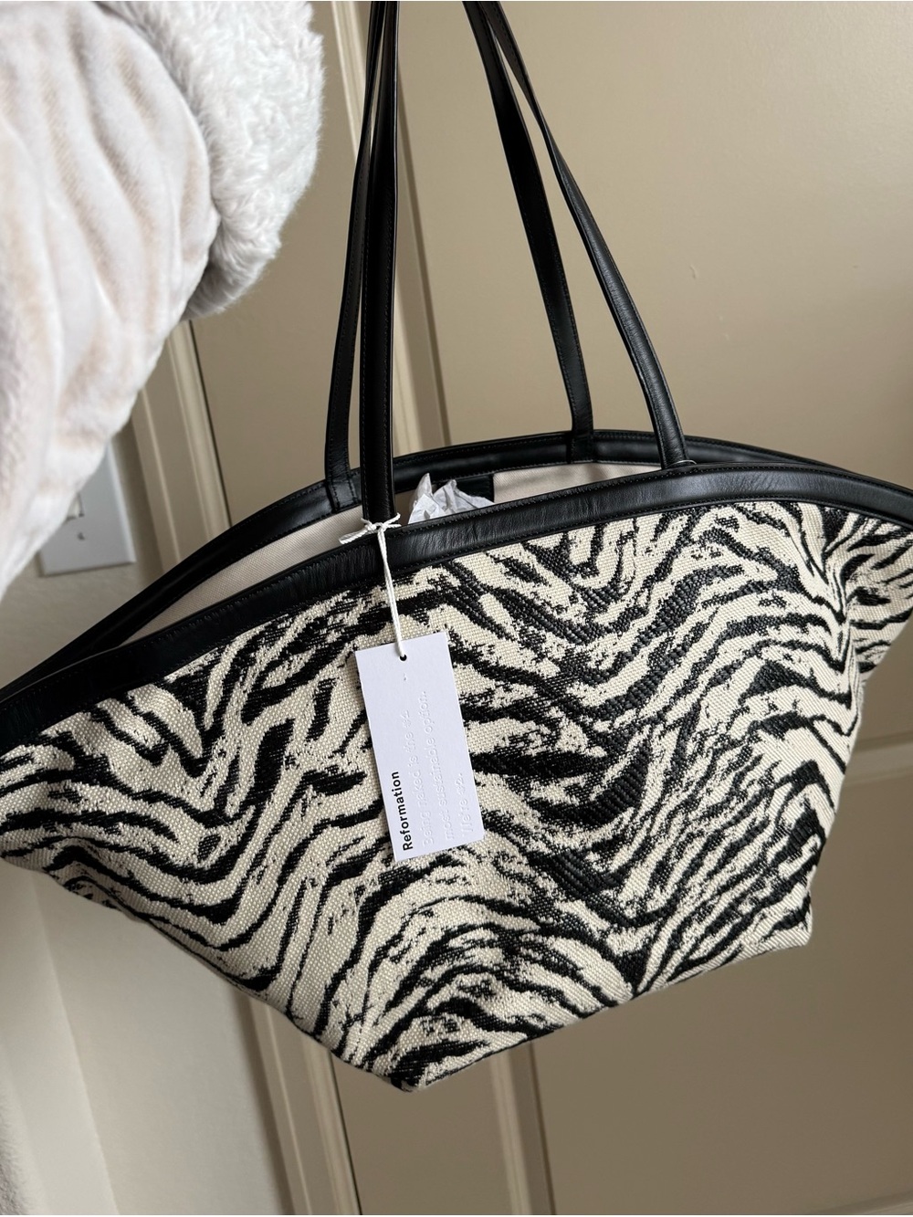 Black & White Zebra Tote Bag with Leather Trim
